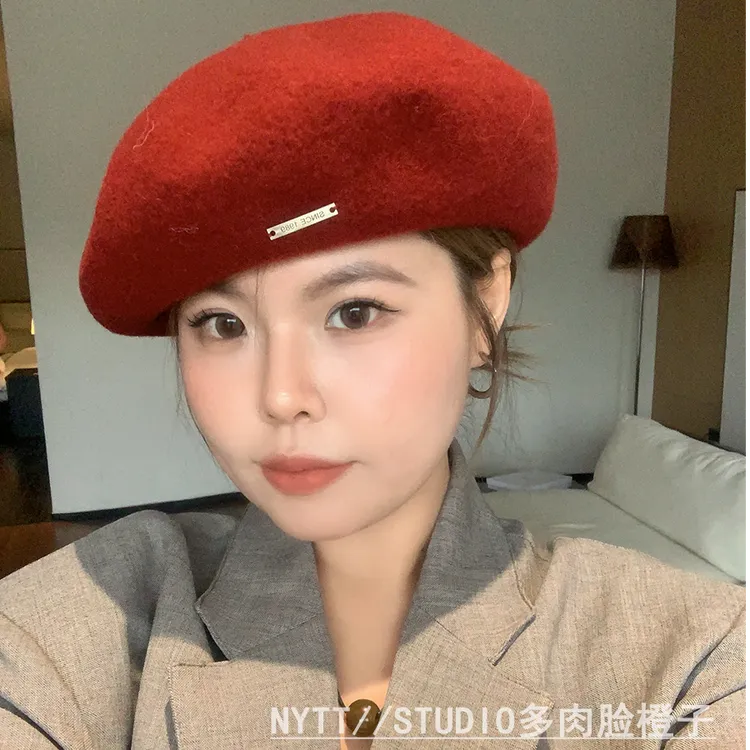 【橙子家】54-64法式复古羊毛呢小标带钻显脸小贝雷帽秋冬气质名媛