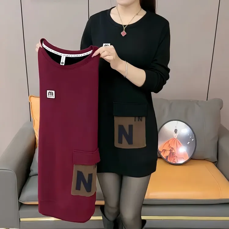 新款加绒加厚圆领长袖宽松显瘦中长款遮屁股时尚字母套头卫衣女