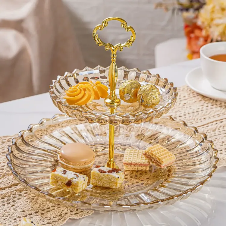 创意轻奢高档特大号双层果切盘坚果零食点心盘琥珀色玻璃水果盘
