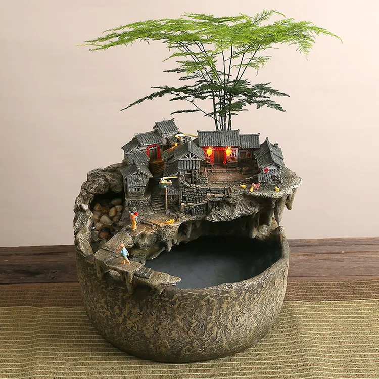 豆磨泊船瓜洲复古风格微缩景观摆件可养鱼可亮灯庭院书房家居装饰