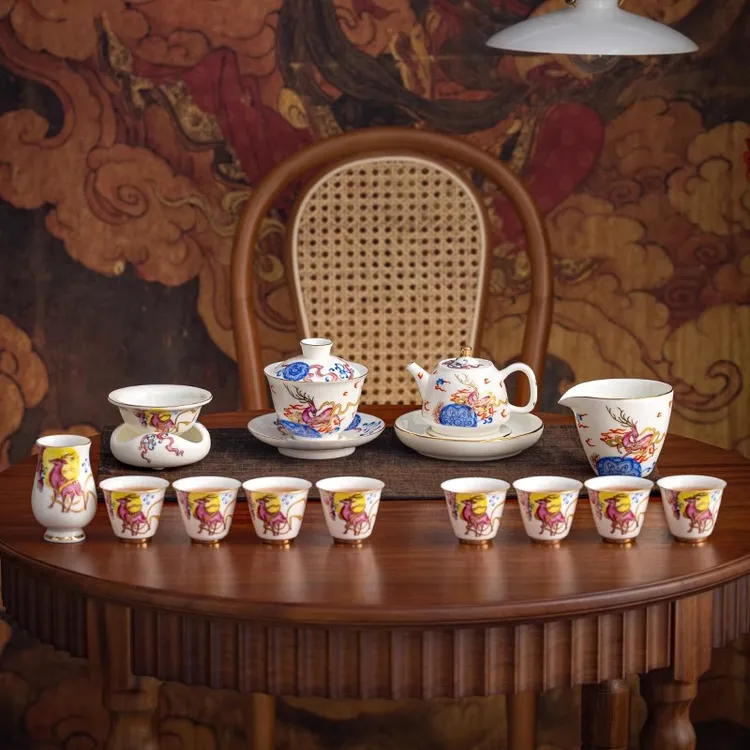 敦煌九色鹿茶具套装家用陶瓷茶器高端轻奢简约羊脂玉茶具手工复古