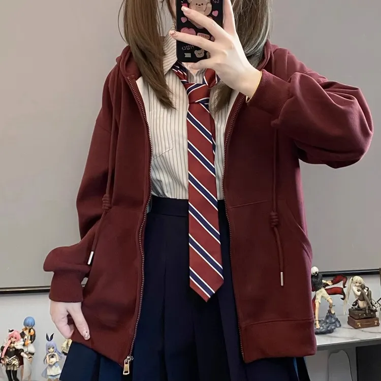 零度句号春秋款卫衣外套女连帽jk卫衣女宽松版藏青色拉链开衫时尚