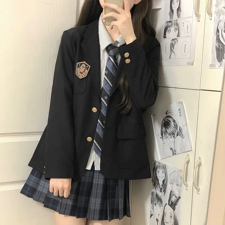 jk制服西装外套女秋冬季原创日系学院风校供感黑色绀色西服上衣女