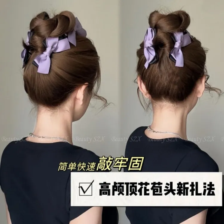 高颅顶花苞头!紫色蝴蝶结抓夹女2024新款高级感盘发夹大号鲨鱼夹