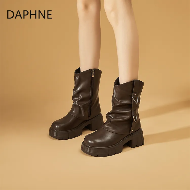 Daphne/达芙妮2025秋季时尚加绒短靴复古粗跟厚底英伦风秋冬圆头