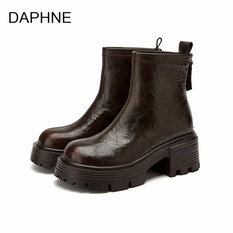 Daphne/达芙妮短靴英伦风靴子时尚百搭冬季复古粗跟厚底秋冬04206