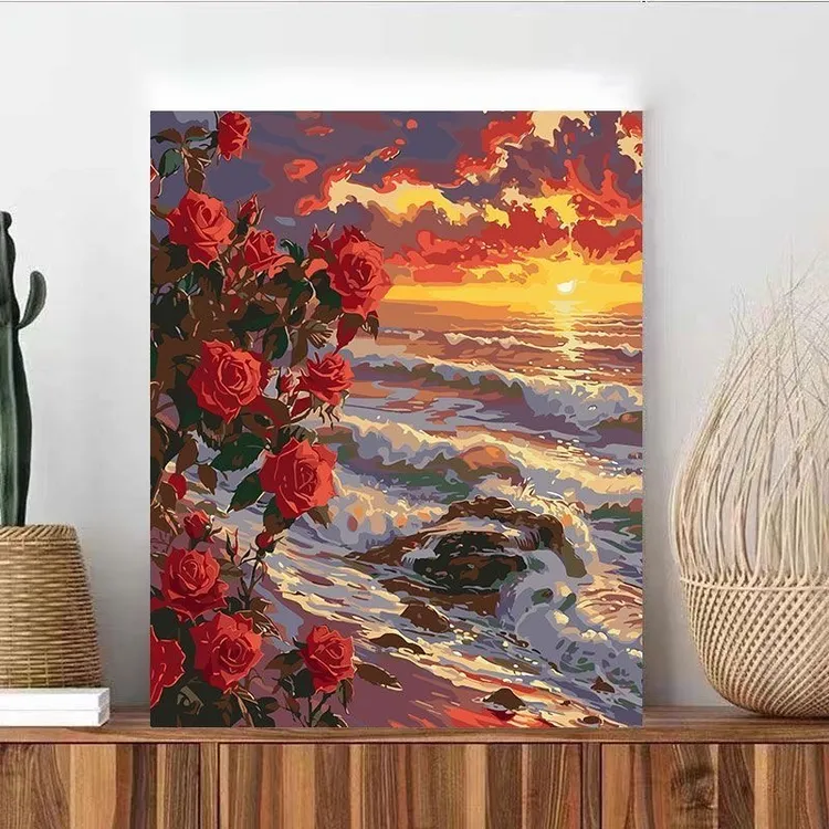 爆款落日玫瑰diy数字油画自然风景填色涂色客厅墙壁画装饰挂画