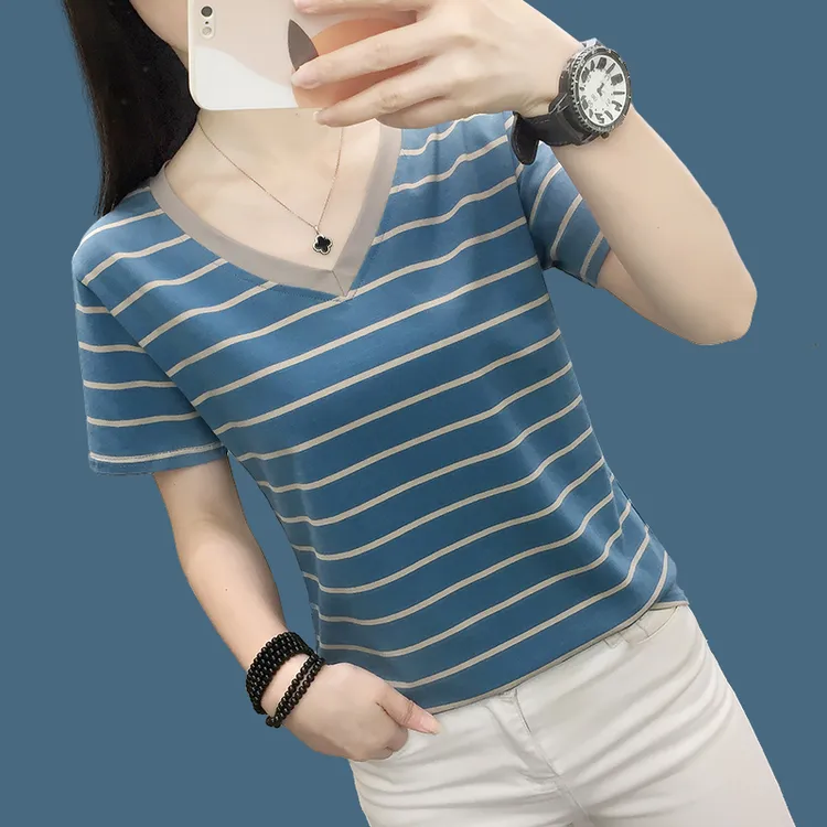 棉质短袖T恤女士夏季大码显瘦洋气宽松半袖条纹妈妈上衣百搭体恤