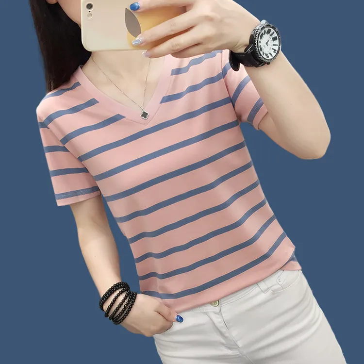 短袖T恤女士2025新款夏季洋气显瘦宽松大码条纹半袖妈妈装上衣服