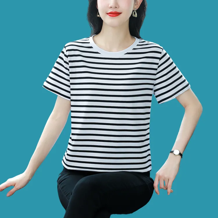 高档棉质短袖T恤女士夏季200斤大码显瘦宽松条纹洋气中年妈妈上衣