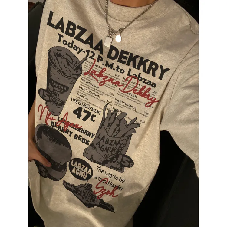 美式复古设计感汉堡薯条海报印花短袖t恤男夏季潮牌嘻哈纯棉上衣