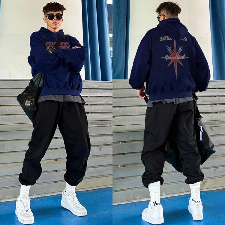 hiphop嘻哈街头星星印花连帽卫衣男秋冬潮牌宽松百搭重磅加绒上衣