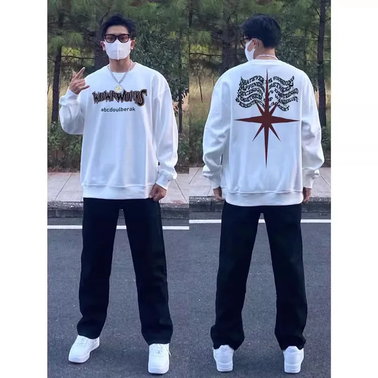 美式vintage星星字母印花秋季男潮牌潮流hiphop街头圆领重磅卫衣