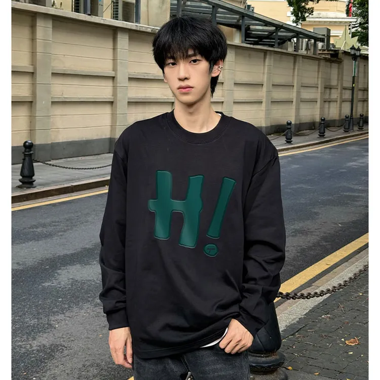 美式街头风创意字母印花黑色上衣男秋季ins潮牌百搭纯棉长袖T恤