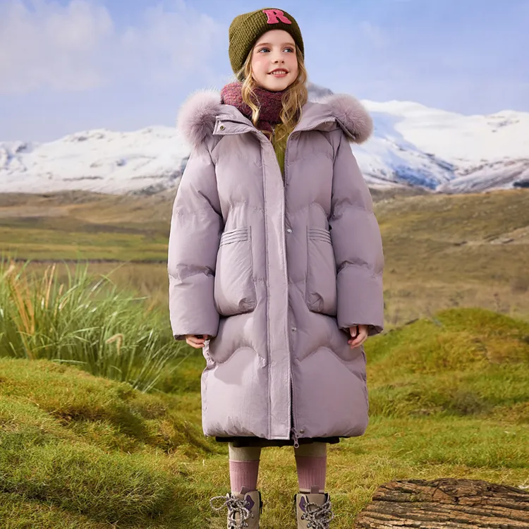 女童中长款羽绒服2024冬季新款洋气儿童90白鸭绒大毛领加厚外套潮