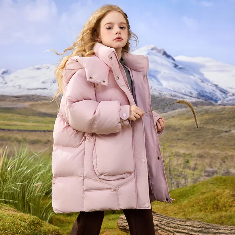 断码清仓女童中长款羽绒服新款洋气儿童90白鸭绒保暖加厚连帽外套