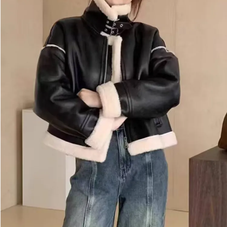 皮毛一体高级羊羔机车2024翻领加厚冬季短款新款外套夹克上衣女
