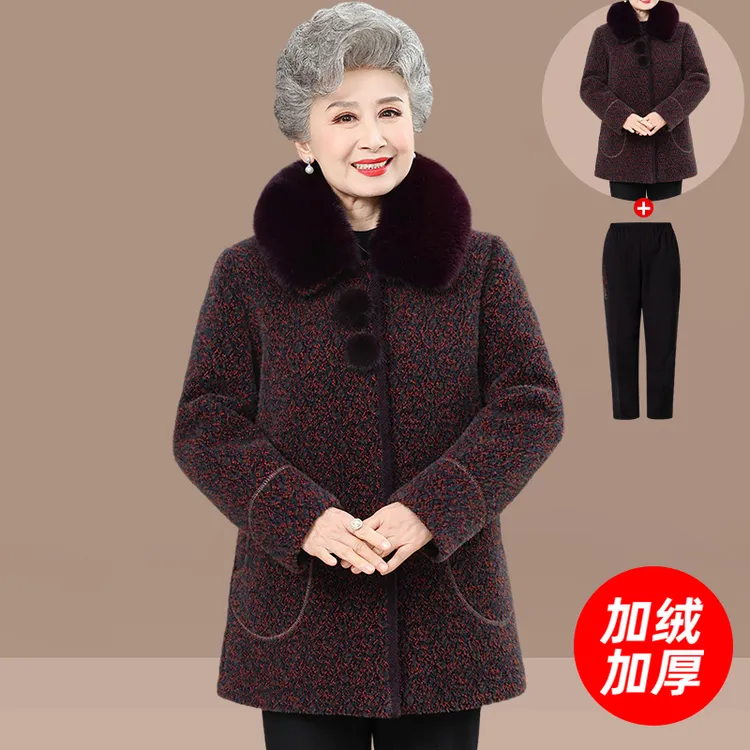 水貂绒毛领保暖中年妈妈装老年人加绒加厚大衣冬装新款外套奶奶装