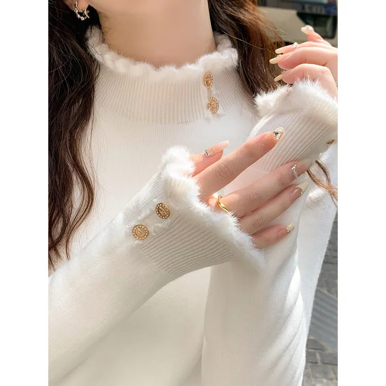 高级感毛衣女秋冬加厚2025新款修身内搭加绒打底衫半高领针织上衣