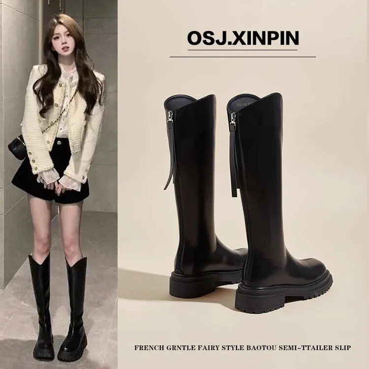 长筒靴女2025年春秋新款显瘦高筒骑士靴小个子v口显瘦不过膝靴子