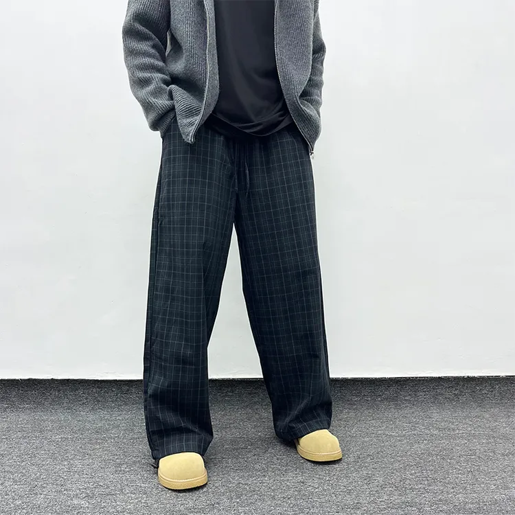 美式复古黑灰色格子休闲裤男士宽松慵懒风秋季cleanfit直筒长裤子
