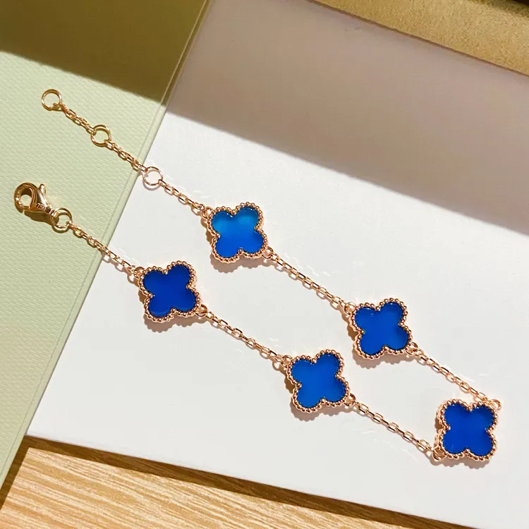 【重金版】18K玫瑰金10mm蓝玉髓四叶草五花手链 时尚设计 百搭高雅