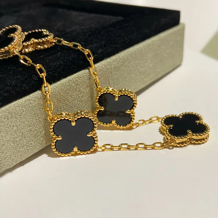 【重金版】18K金15mm黑玛瑙四叶草五花手链 高级 时尚 气质轻奢简约