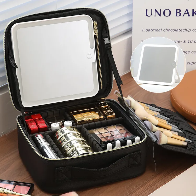 雅适丽带LED灯全屏镜子化妆包手提便携旅行化妆箱充电台式化妆镜