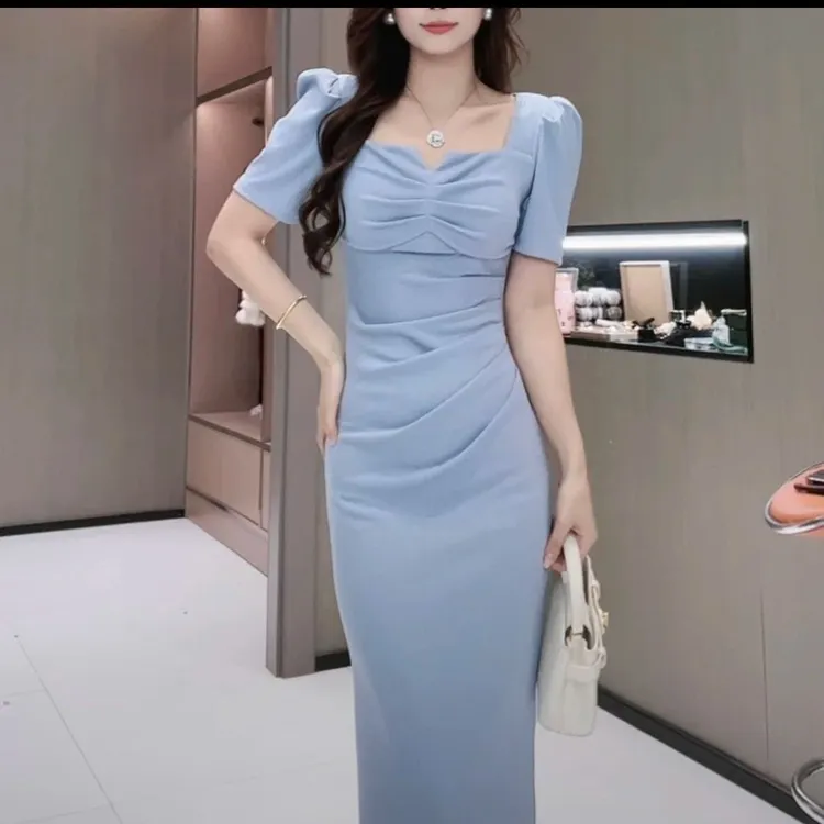 春夏季时尚气质褶皱显瘦修身包臀直筒裙收腰连衣裙短袖纯色长裙女