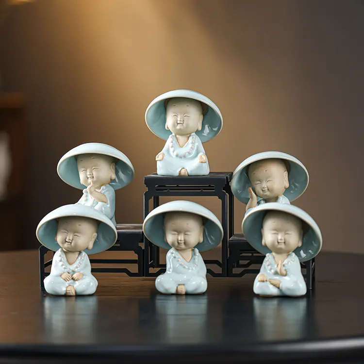 创意原矿汝瓷网红小和尚摆件茶漏过滤网家用茶滤茶具茶桌开片可养