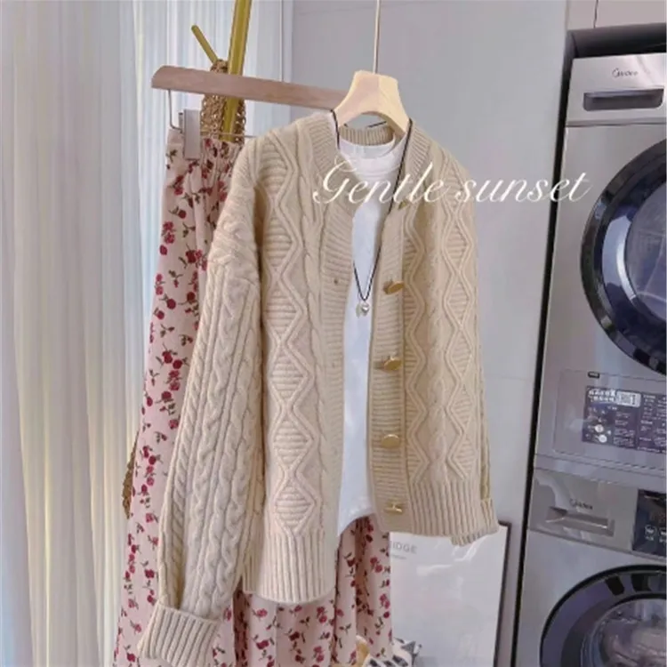 洋气复古别致麻花针织毛衣开衫气质时尚百搭宽松慵懒风韩版休闲