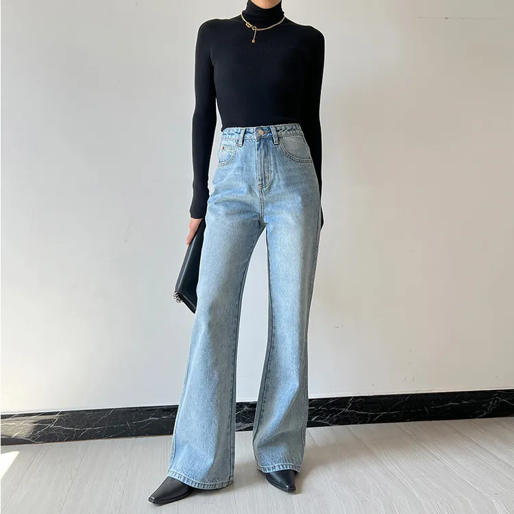 左唐法式微喇牛仔裤女春款宽松复古显瘦无弹力浅色喇叭裤拖地长裤