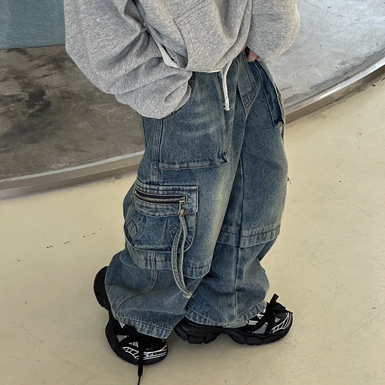 男童高街牛仔裤春秋新款男孩重工款长裤儿童机能裤子显腿型潮