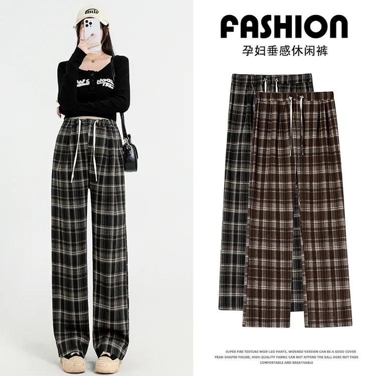 孕妇裤子春秋外穿新款宽松直筒阔腿长裤女春装显瘦复古格纹抽绳裤