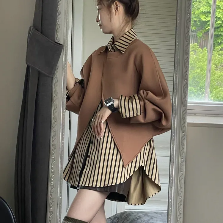衬衫宽松穿搭气质两件套上衣女套装新款叠穿小众设计感卫衣披肩