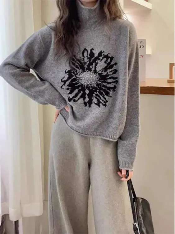 专柜韩系高领针织衫复古提花新款毛衣秋冬韩系套头百搭宽松上衣