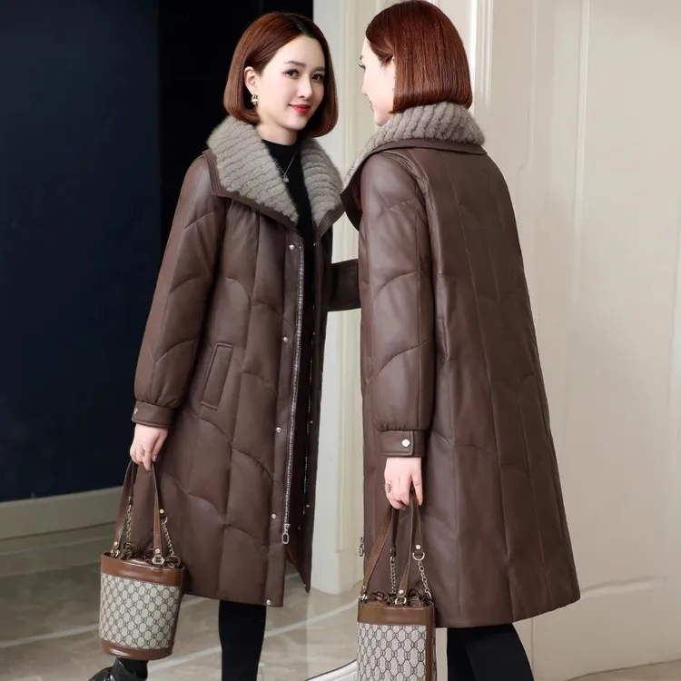 海宁真皮羽绒服女2025新款绵羊皮中长款水貂毛领鸭绒修身保暖外套