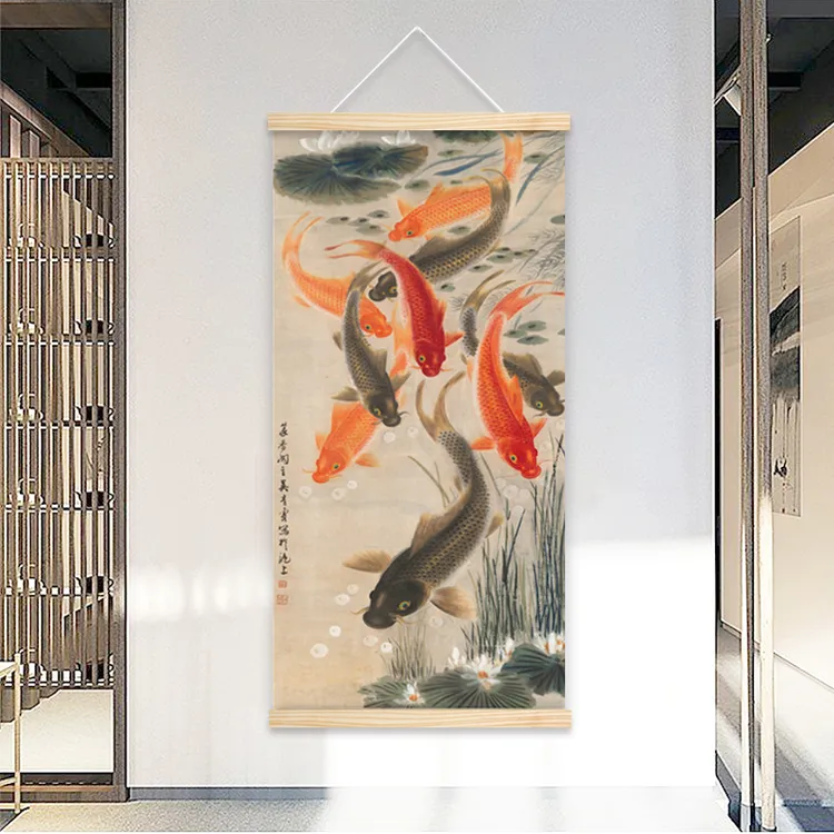 【客厅仿真字画-九鲤招财-艺术微喷装饰挂画】荷花定制装裱书画礼品