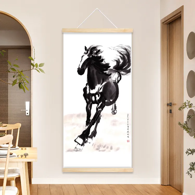 字画高清复制艺术微喷新中式挂画 三骏图 四喜图 平原奔马 雄鸡图