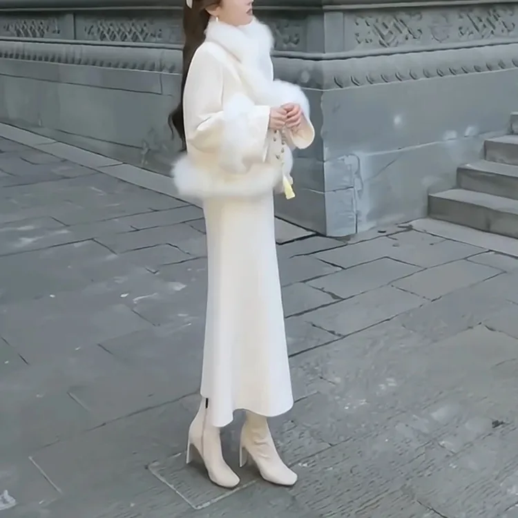 【蜜U】新中式国风洋气毛毛呢羽绒外套鱼尾半身裙套装冬季两件套