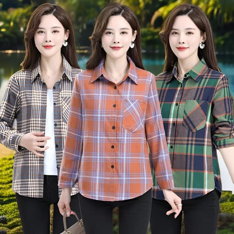 显瘦休闲百搭时尚女士衬衫春秋中老年妈妈装纯棉格子长袖衬衣大码