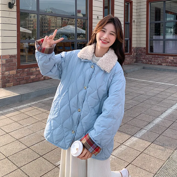 梦玫8813羊羔毛拼接蓝色羽绒服女冬季两面穿韩系小个子爆款超好看