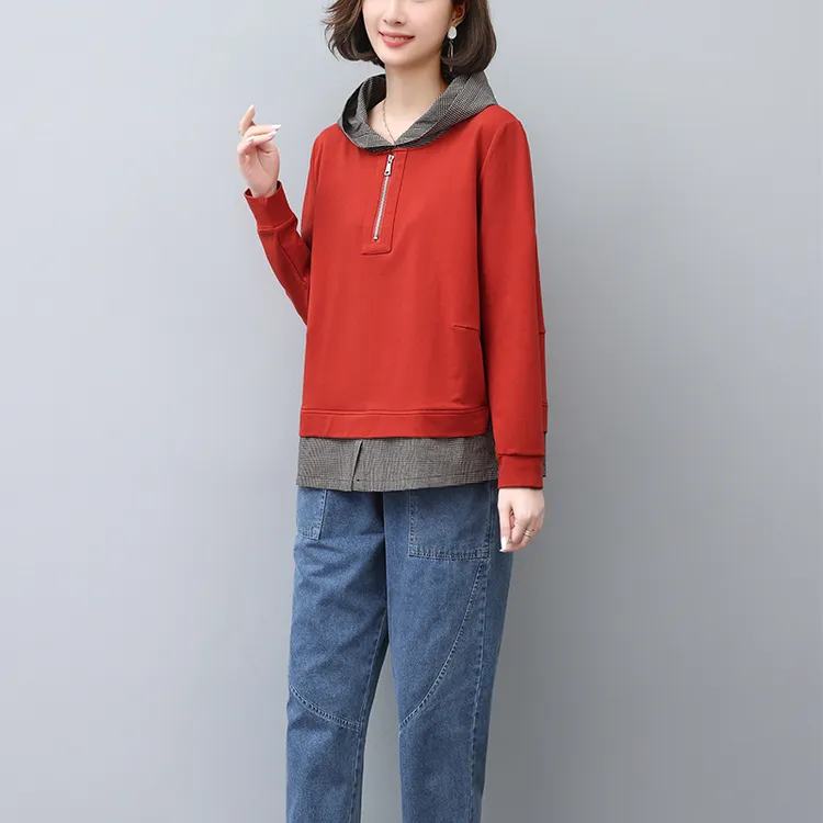 6209-388连帽卫衣套装女2024春秋新款宽松洋气假两件薄款两件套