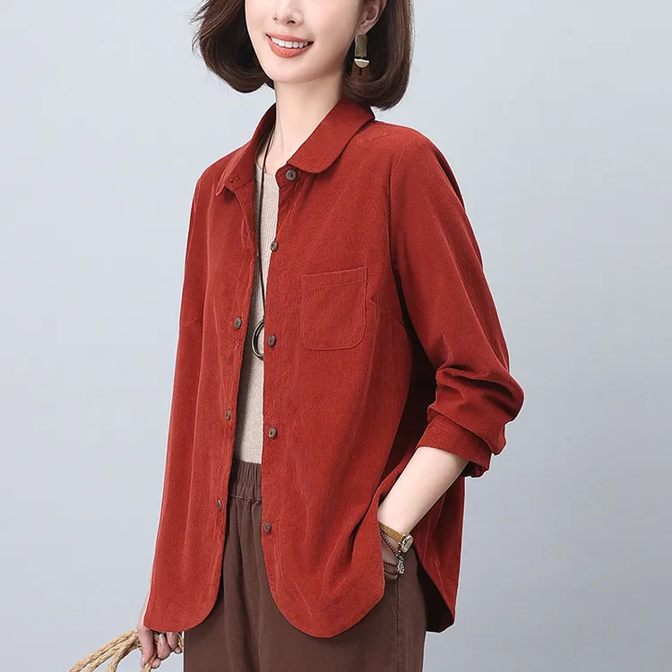 长袖灯芯绒衬衫女2024年新款洋气中年妈妈春装宽松大码休闲上衣