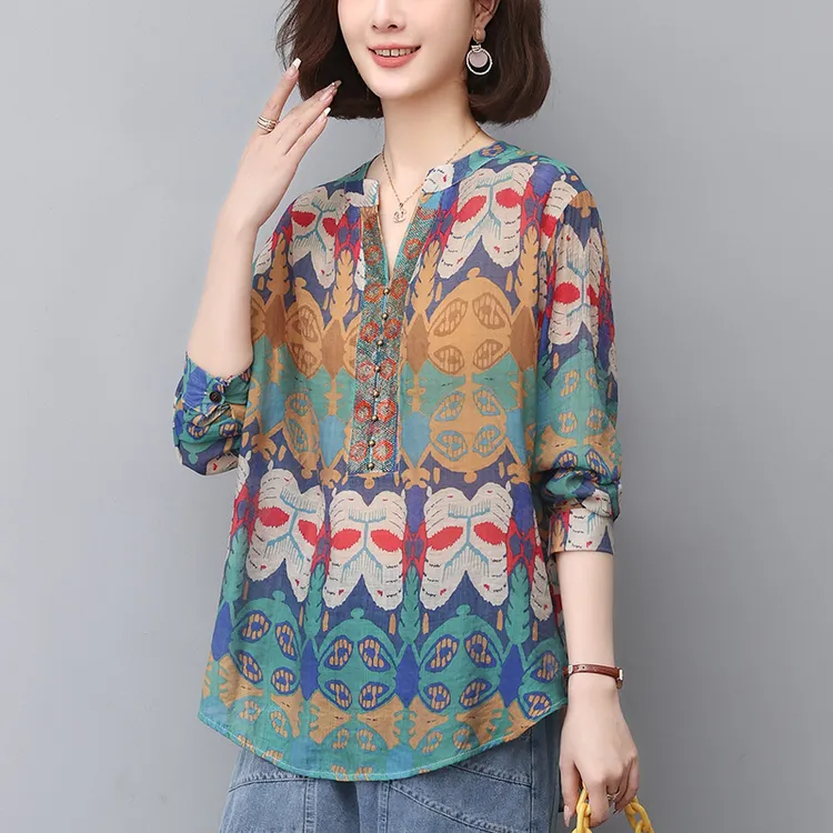 复古印花衬衫女长袖新款春秋宽松民族风妈妈薄款休闲V领上衣