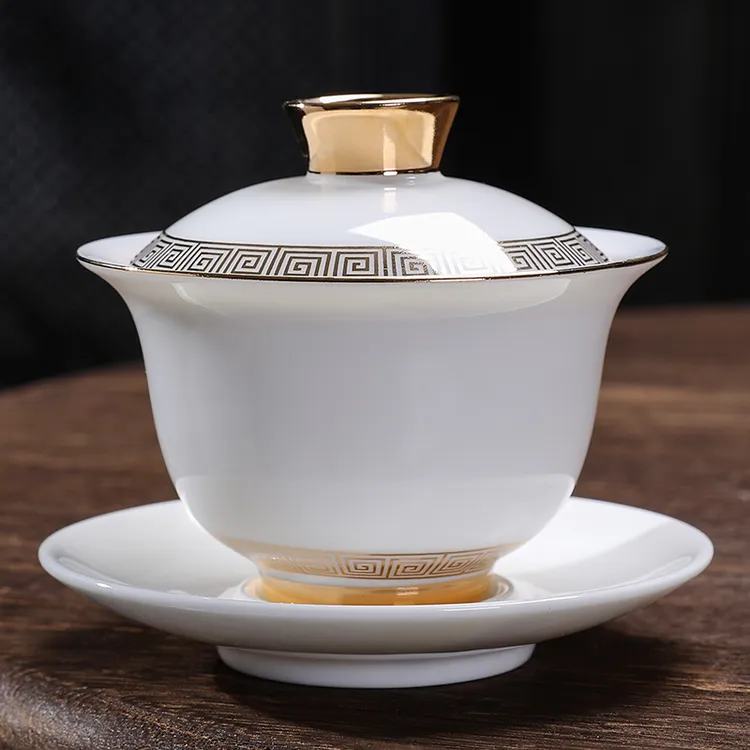 德化羊脂玉大盖碗三才盖碗陶瓷茶具带盖泡茶碗瓷盖碗白瓷大号家用