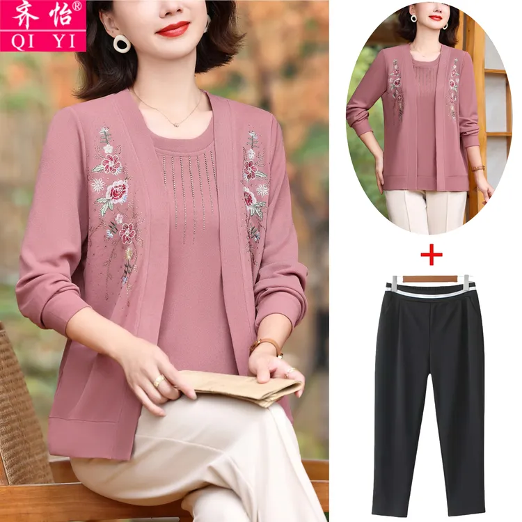 妈妈春秋装假两件上衣开衫外套针织衫中老年女装长袖绣花宽松衣服