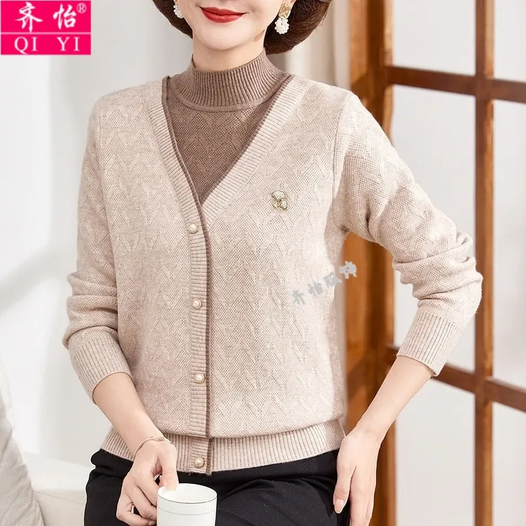 妈妈装秋冬毛衣针织衫加绒加厚洋气时尚中老年长袖打底衫保暖上衣
