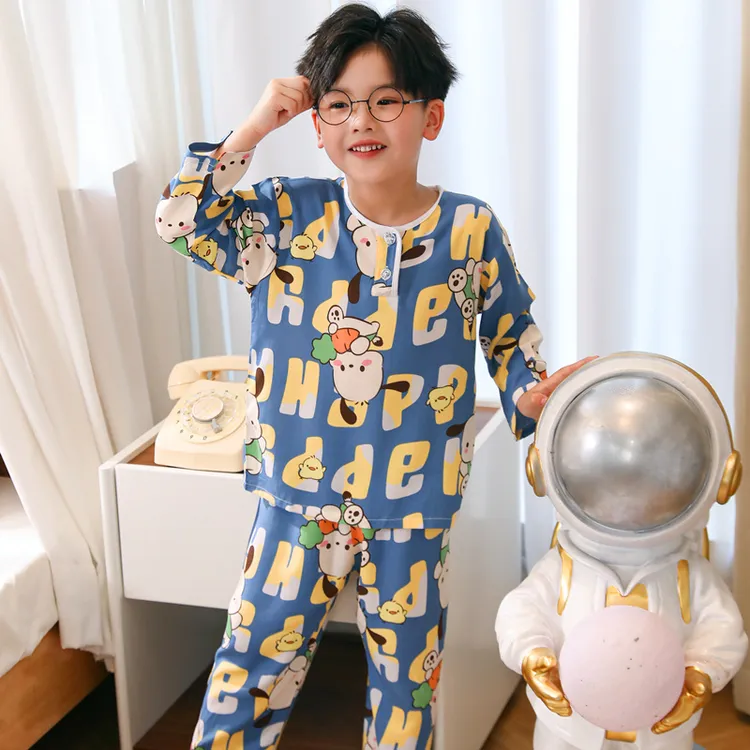 儿童卡通夏季薄款男童棉绸小孩子中大童空调服长袖宝宝女童家居服