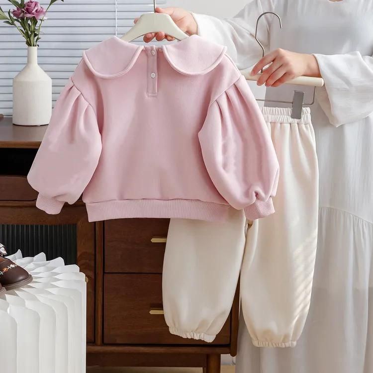 君筑女童加绒套装秋冬款2024新款儿童女宝卡通卫衣保暖裤子加厚两